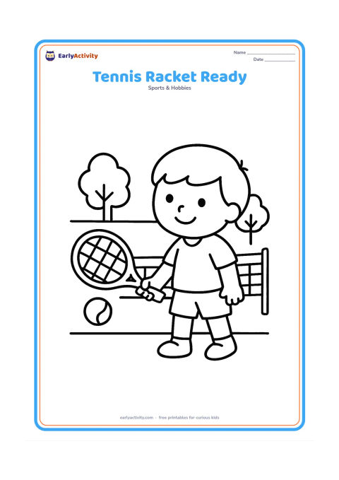 Colouring page: A child stands ready to hit a tennis ball with a racket on a simple court, with a net and two small trees behind. Show the ball clearly near the racket.
