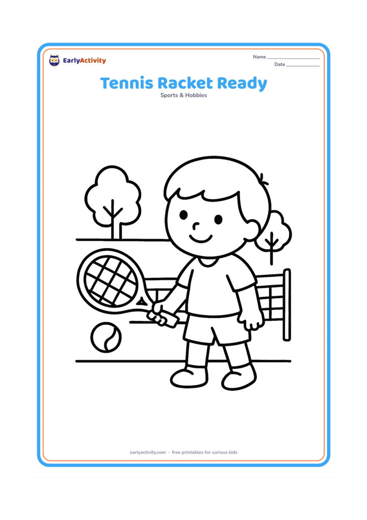 Colouring page: A child stands ready to hit a tennis ball with a racket on a simple court, with a net and two small trees behind. Show the ball clearly near the racket.