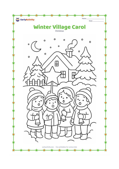 Colouring page: A small group of children sing together outside a snow-covered village house, holding bells and a star lantern. Include pine trees, a fence, a chimney, snow-covered bushes, and a…