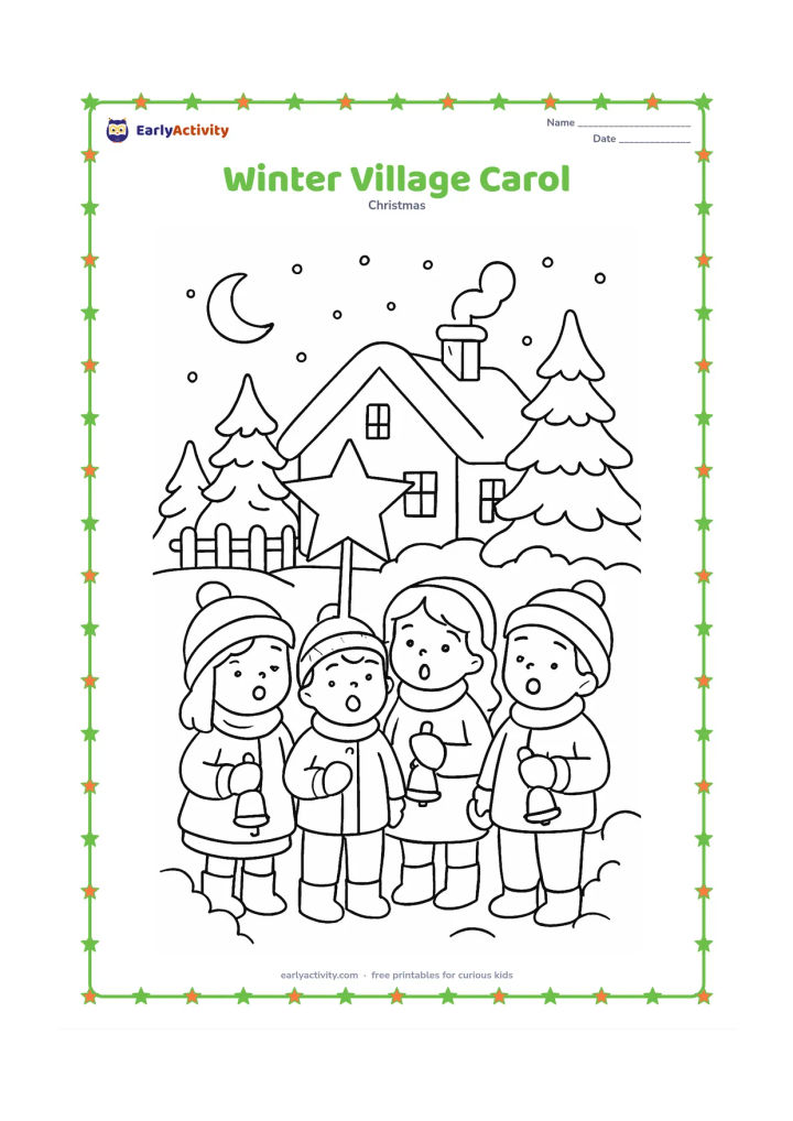 Colouring page: A small group of children sing together outside a snow-covered village house, holding bells and a star lantern. Include pine trees, a fence, a chimney, snow-covered bushes, and a…