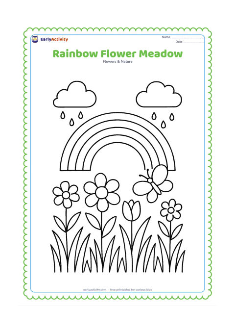 Colouring page: Draw a rainbow over a meadow containing several different flowers, tall grass, a butterfly and two clouds releasing small raindrops. Arrange the flowers at varied heights across the…