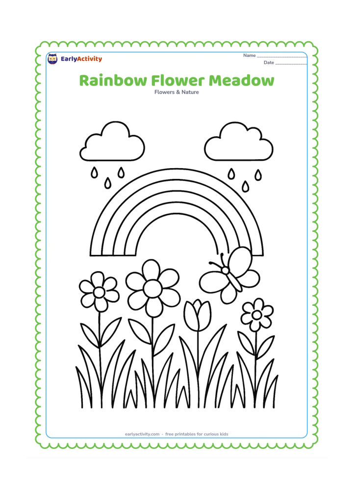 Colouring page: Draw a rainbow over a meadow containing several different flowers, tall grass, a butterfly and two clouds releasing small raindrops. Arrange the flowers at varied heights across the…
