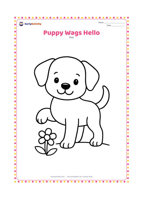 Colouring page: Draw a standing puppy facing the viewer with one front paw lifted and its tail curved in a wide wagging shape. Add one simple flower and a short ground line.