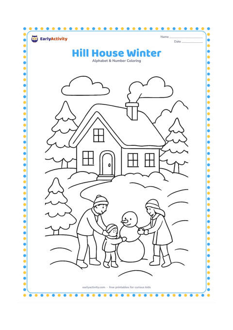Colouring page: A cosy house sits on a snowy hillside with a chimney, snow-covered trees, a winding path, and a family making a small snow figure in the yard. Keep the house windows, clothing, and snow…