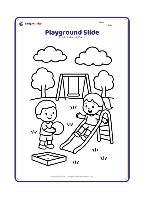 Colouring page: One child slides down a low playground slide while another waits nearby holding a ball. Add a sandbox, a swing, grass, two trees and fluffy clouds.