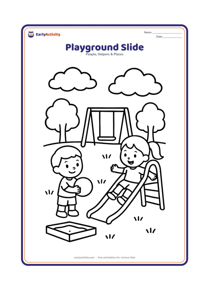 Colouring page: One child slides down a low playground slide while another waits nearby holding a ball. Add a sandbox, a swing, grass, two trees and fluffy clouds.