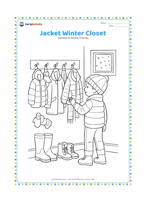Colouring page: Draw a tidy winter entryway with several different jackets hanging on hooks, scarves, boots, mittens, and a child choosing one jacket. Include a small window showing falling snow outside.