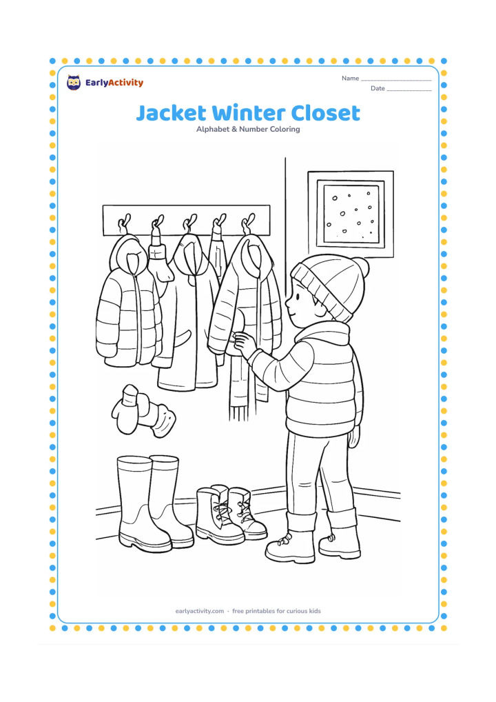Colouring page: Draw a tidy winter entryway with several different jackets hanging on hooks, scarves, boots, mittens, and a child choosing one jacket. Include a small window showing falling snow outside.