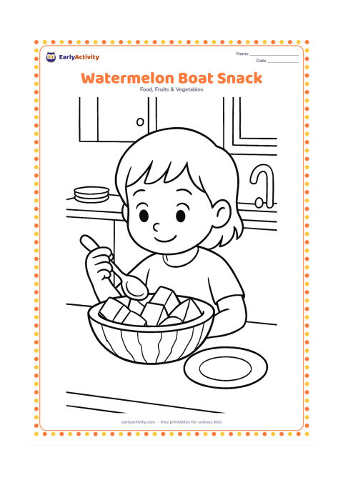 Colouring page: Draw a child sitting at a table with a watermelon half shaped like a serving bowl, filled with large fruit pieces. Add a spoon, plate and simple kitchen background.