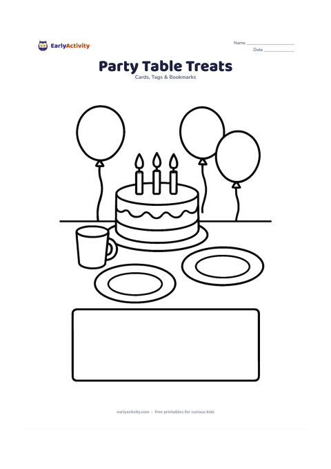 Worksheet: Draw a simple birthday table with a large cake, one juice cup and two big paper plates, plus a blank message panel across the lower edge. Add a few large balloons in the background.