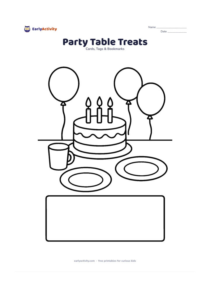 Worksheet: Draw a simple birthday table with a large cake, one juice cup and two big paper plates, plus a blank message panel across the lower edge. Add a few large balloons in the background.