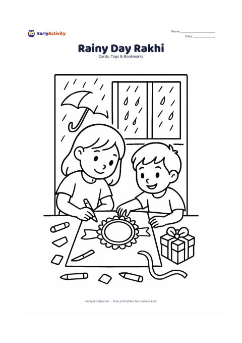 Worksheet: Show two siblings indoors beside a window on a rainy monsoon day, decorating a large rakhi card at a table with crayons, ribbon, paper scraps, and a gift box. Leave the card's centre…