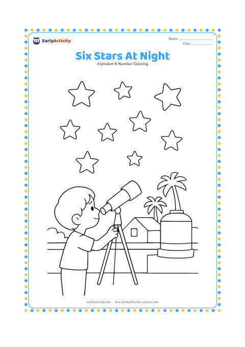 Colouring page: Draw six stars above a quiet Indian village rooftop at night, with a child looking through a small telescope, a water tank and distant palm trees.