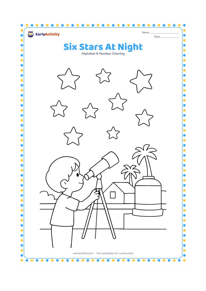 Colouring page: Draw six stars above a quiet Indian village rooftop at night, with a child looking through a small telescope, a water tank and distant palm trees.