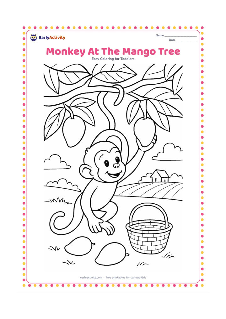 Colouring page: Draw a monkey hanging by its tail from a mango tree branch while reaching for one fruit. Add large leaves, two fallen mangoes, a woven basket and a village field beyond.