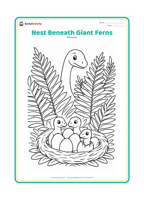 Colouring page: A deep nest containing six eggs is hidden beneath tall layered prehistoric ferns. Two hatchlings peer from the nest while a gentle long-necked parent appears between the plants in the…