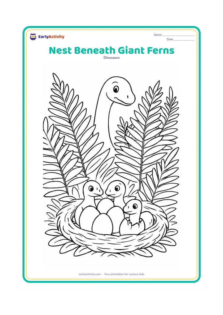 Colouring page: A deep nest containing six eggs is hidden beneath tall layered prehistoric ferns. Two hatchlings peer from the nest while a gentle long-necked parent appears between the plants in the…