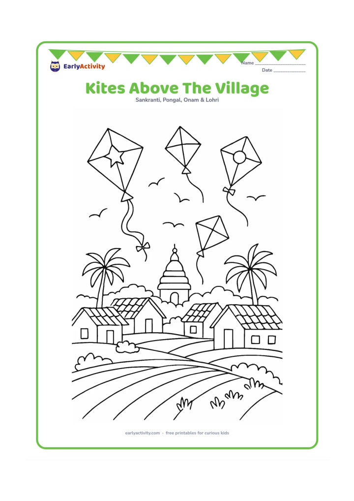 Colouring page: Several colourful-kite shapes fill the sky above an Indian village with tiled roofs, a temple-like silhouette without text, palm trees, fields, and flying birds.