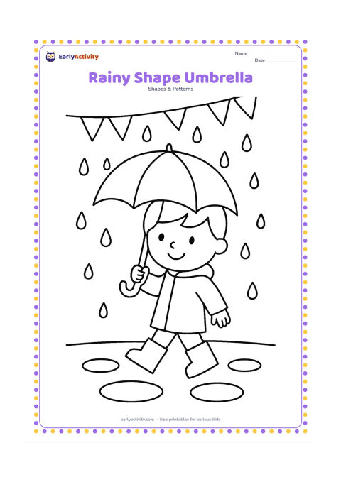 Colouring page: Draw a child holding a large semicircle umbrella while walking through big round raindrops and puddles. Add square boots, a rectangular raincoat, and a row of simple triangular flags.