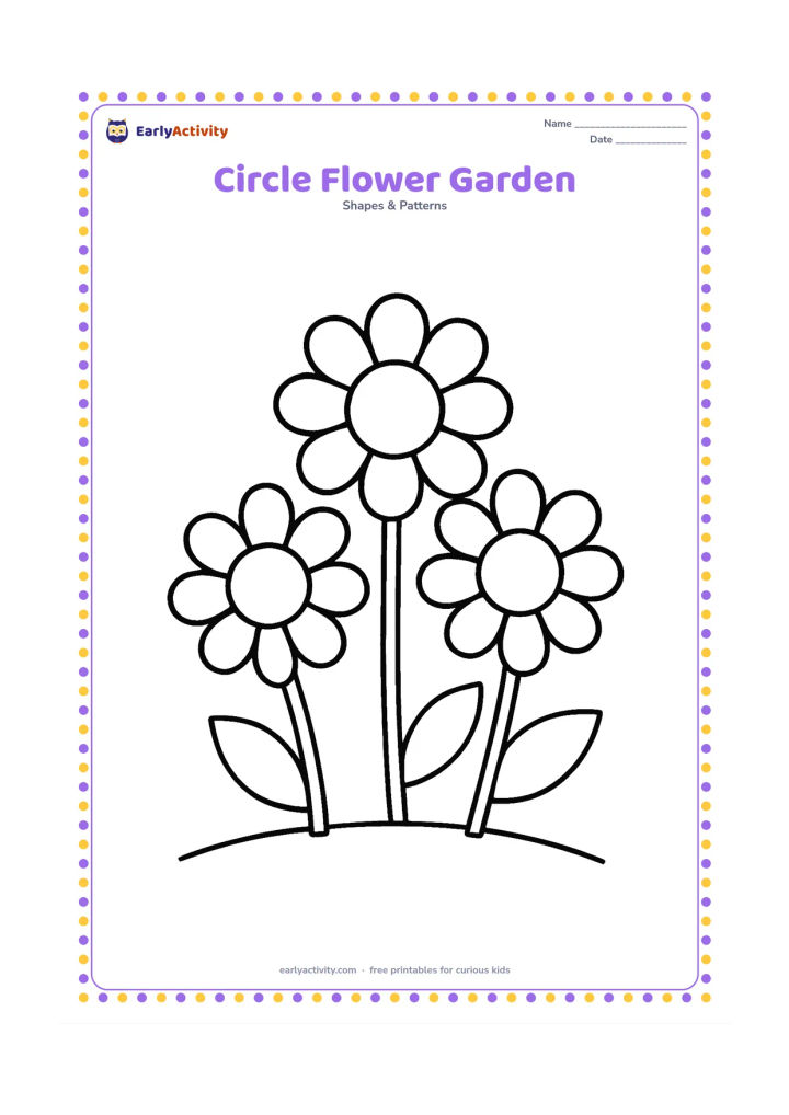Colouring page: Draw three large flowers with round centres and petals made from repeating circles, beside two broad leaves. Add a simple ground line and plenty of open space around the flowers.