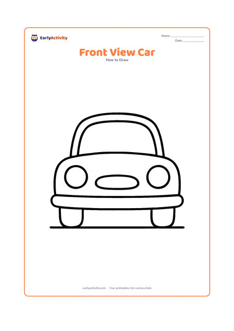 Worksheet: Show a car facing directly forward with a wide body, two large round headlights, a curved windscreen and two big wheels partly visible below. Use a plain ground line only.