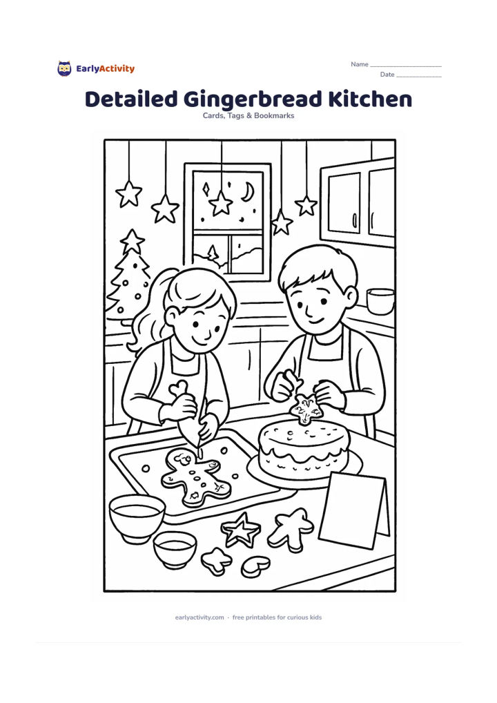 Worksheet: Draw children decorating gingerbread shapes and a Christmas cake in a busy home kitchen, with a small tree, hanging stars, bowls, cookie cutters and a window showing a clear winter…