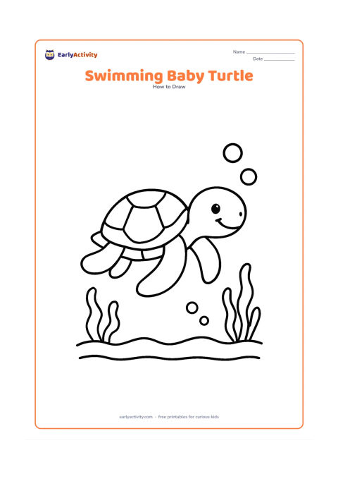Worksheet: Draw a small sea turtle swimming to the right with a rounded shell, four broad flippers and a smiling head. Surround it with three bubbles, two seaweed tufts and a wavy seabed.