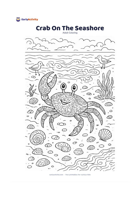 Colouring page: Draw a cheerful crab walking sideways across a sandy beach, with one claw raised. Add shells, pebbles, seaweed, tide pools, small shore birds and curling foam along the water's edge.