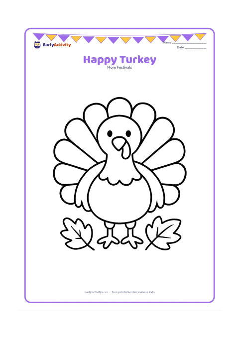 Colouring page: A friendly turkey stands facing forward with its tail spread wide and a few large autumn leaves around its feet. Keep the composition centered with one large, uncluttered bird.