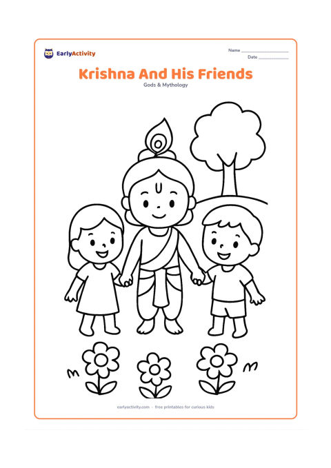 Colouring page: Draw Krishna standing with two cheerful child friends, all holding hands in a meadow. Include one peacock feather, three large flowers, and a simple tree.