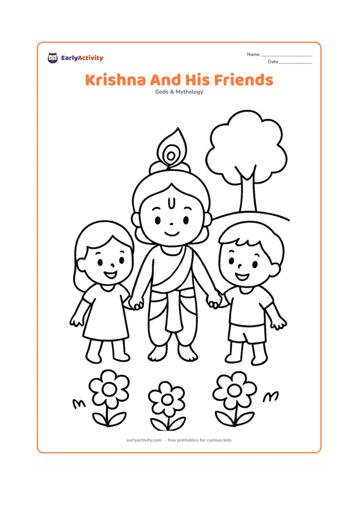 Colouring page: Draw Krishna standing with two cheerful child friends, all holding hands in a meadow. Include one peacock feather, three large flowers, and a simple tree.