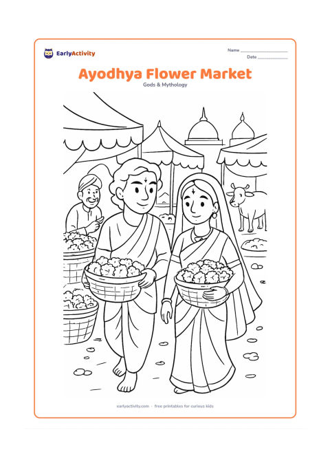 Colouring page: Ram and Sita walk through an Ayodhya flower market with baskets of marigolds, a flower seller, fabric canopies, palace rooftops, and a cow in the distance.