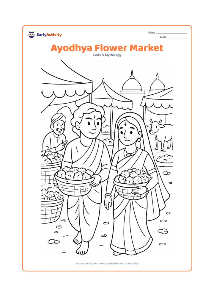 Colouring page: Ram and Sita walk through an Ayodhya flower market with baskets of marigolds, a flower seller, fabric canopies, palace rooftops, and a cow in the distance.