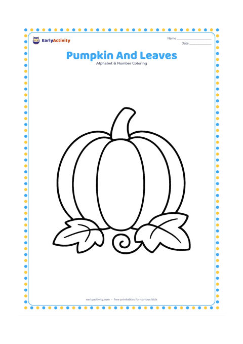 Colouring page: Draw one large round pumpkin with a short stem and two curling leaves on the ground. Add a small curved vine and no extra background.