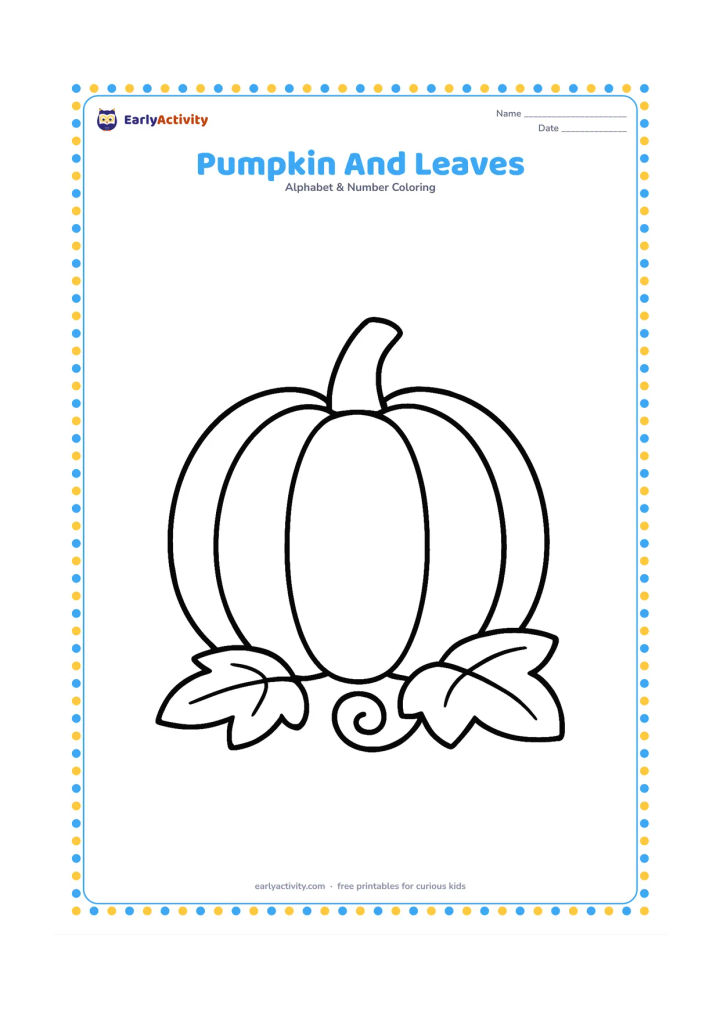 Colouring page: Draw one large round pumpkin with a short stem and two curling leaves on the ground. Add a small curved vine and no extra background.