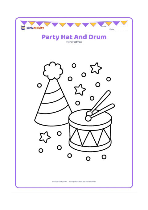 Colouring page: A large cone party hat with a fluffy pom-pom stands beside a simple hand drum, with scattered confetti circles and stars around them.
