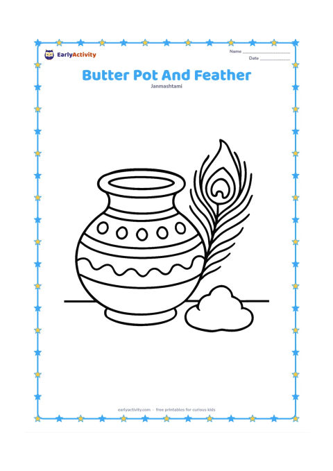 Colouring page: Draw a large decorated matki with a peacock feather leaning against it and a small butter lump beside it. Place the objects on a plain floor.