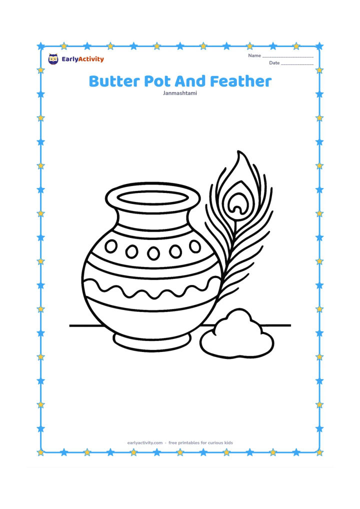 Colouring page: Draw a large decorated matki with a peacock feather leaning against it and a small butter lump beside it. Place the objects on a plain floor.