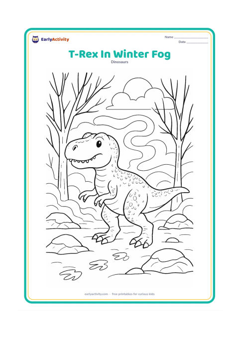Colouring page: A T-Rex walks through a cool prehistoric winter landscape with bare trees, low fog curls, snow patches on rocks, and a pale sun behind clouds. Add visible scales, claw details, and…