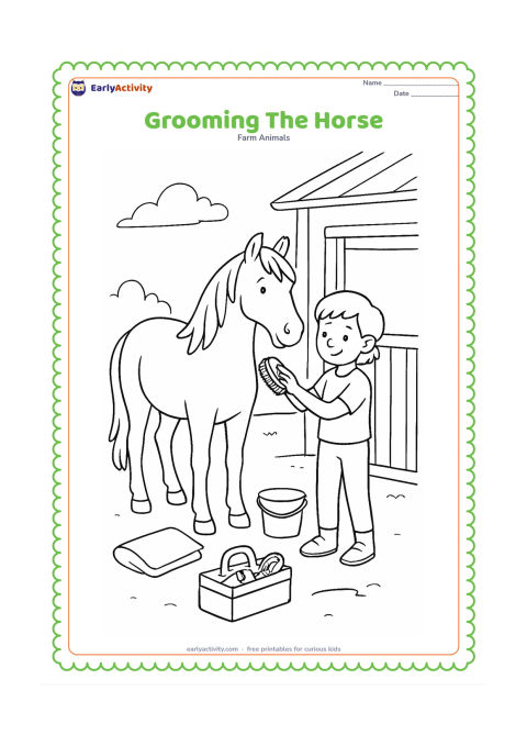 Colouring page: A child carefully brushes a standing horse beside a stable, with a grooming box, a bucket and a folded blanket on the ground. Show the horse's mane, tail and hooves clearly.