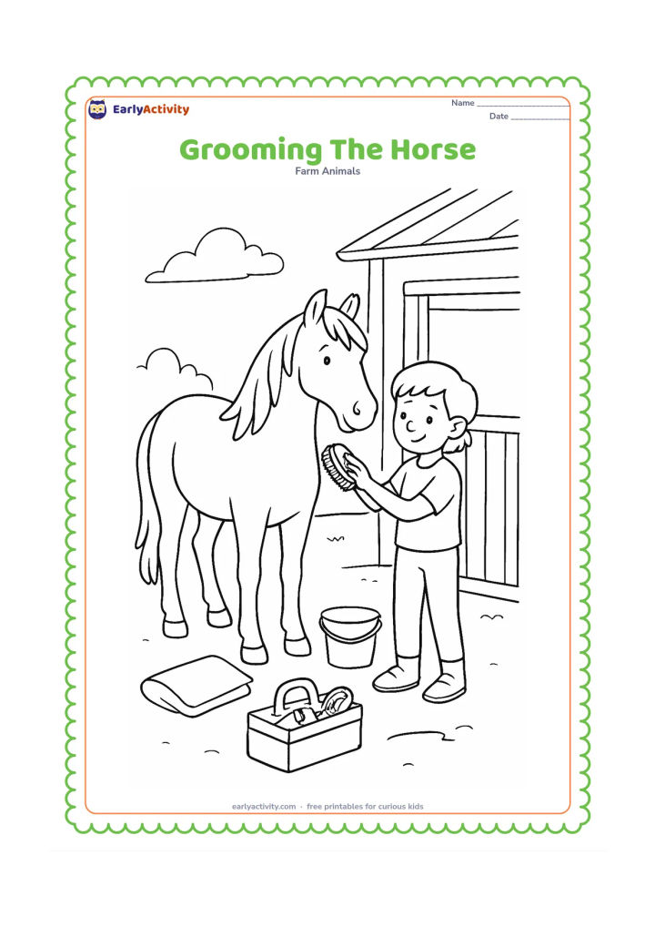 Colouring page: A child carefully brushes a standing horse beside a stable, with a grooming box, a bucket and a folded blanket on the ground. Show the horse's mane, tail and hooves clearly.