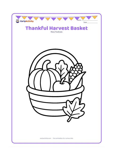 Colouring page: A large open basket is filled with a pumpkin, corn, apples and two leafy vegetables. Place one large autumn leaf beside the basket on a clean background.