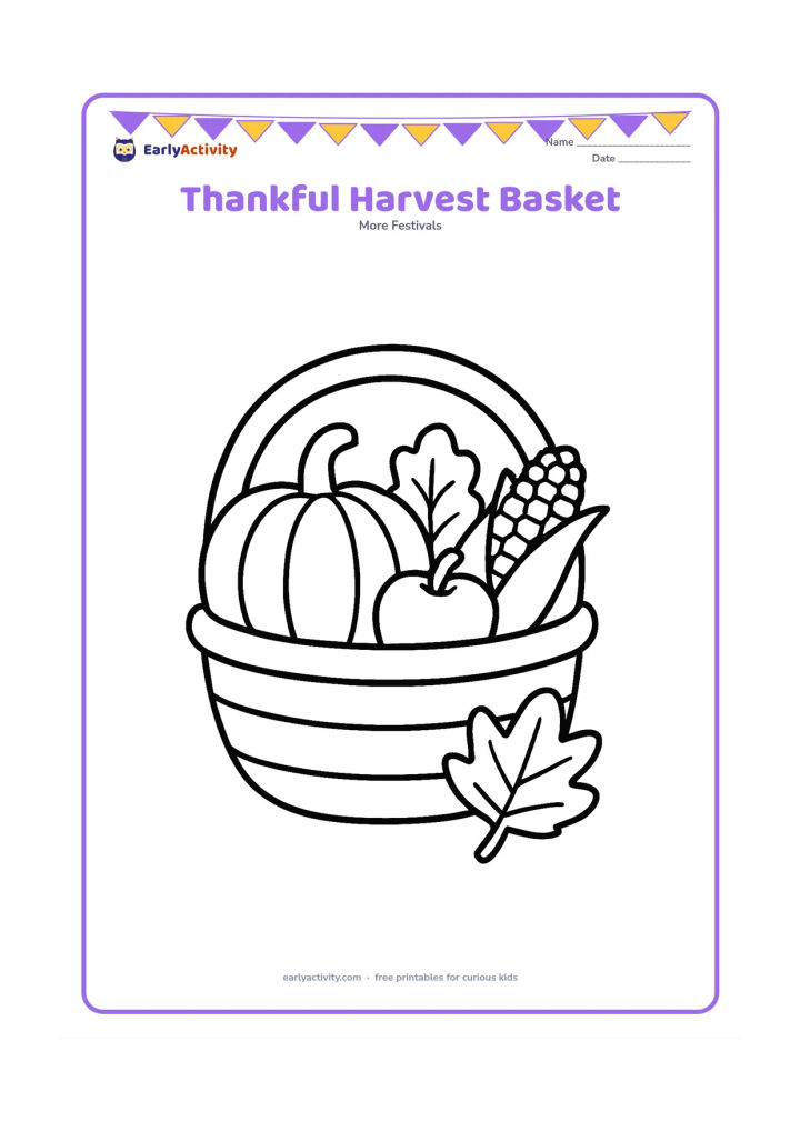 Colouring page: A large open basket is filled with a pumpkin, corn, apples and two leafy vegetables. Place one large autumn leaf beside the basket on a clean background.
