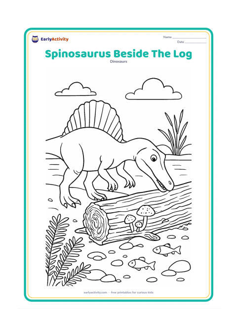 Colouring page: A Spinosaurus investigates a large fallen log beside a river, lowering its long snout toward the bark. Include textured wood, mushrooms, ferns, pebbles, fish, reeds and a clearly…