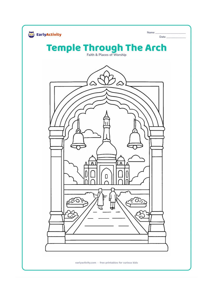 Colouring page: A view through an ornate foreground gateway arch toward a distant temple with a tall tower and dome. Include hanging bells, pillars, a paved path, flower trays and two quiet visitors in…
