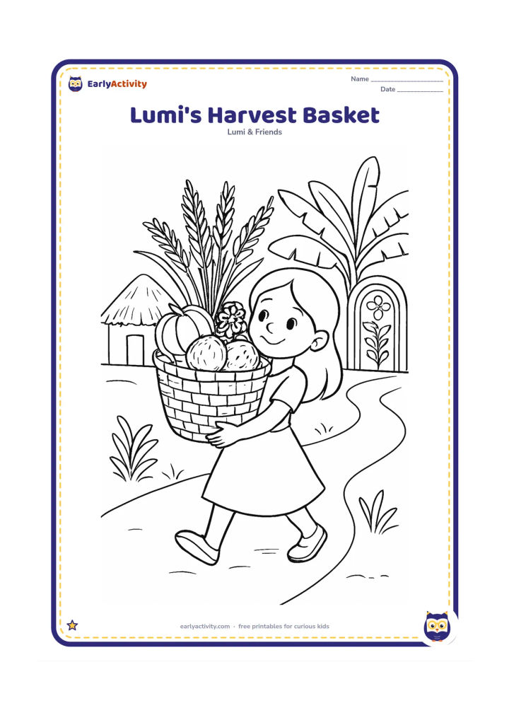 Colouring page: Lumi carries a large basket filled with rice sheaves, pumpkins, coconuts and flowers during a harvest celebration. Place Lumi on a village path with a simple hut, banana plants and a…