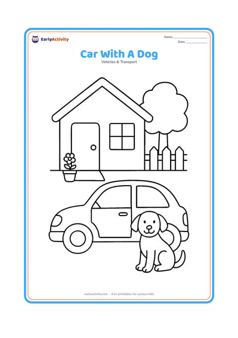 Colouring page: Draw a car parked outside a home while a friendly dog sits beside the open passenger door. Add a doormat, flower pot, short fence and one tree, with the car shown in side view.