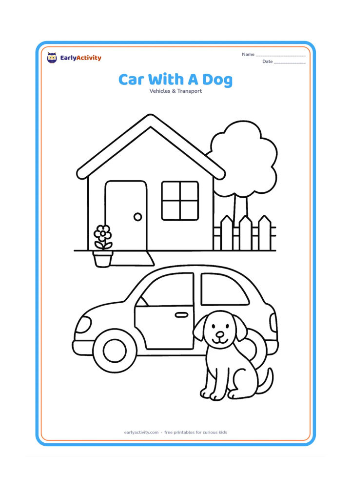 Colouring page: Draw a car parked outside a home while a friendly dog sits beside the open passenger door. Add a doormat, flower pot, short fence and one tree, with the car shown in side view.