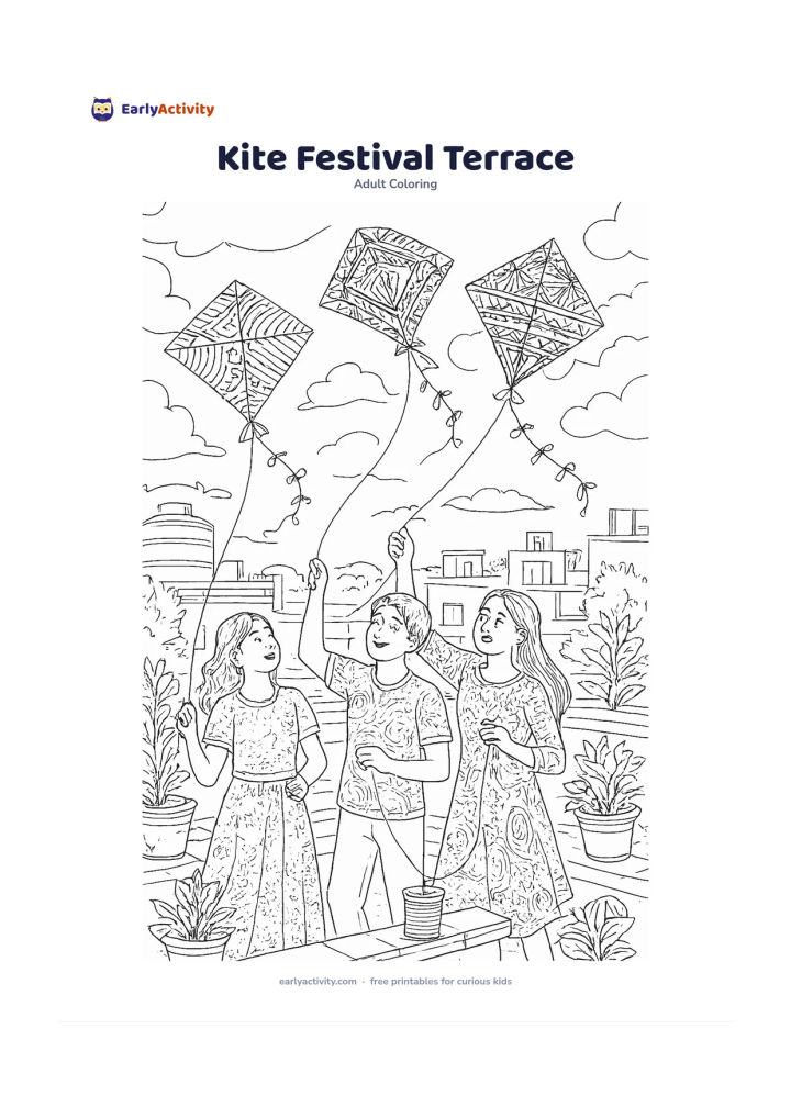 Colouring page: Draw three friends flying kites from a rooftop terrace in bright afternoon light, with kites overhead, spools of thread, potted plants, a water tank, a parapet, and neighbouring…