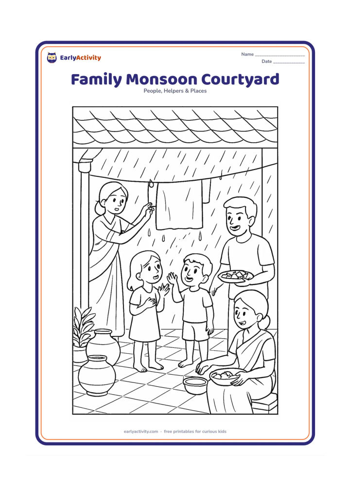Colouring page: Show an Indian family gathering in a covered courtyard during monsoon weather, with one person hanging clothes under shelter, children watching raindrops and another adult serving…